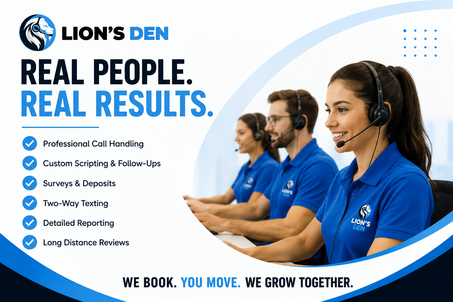 Real people. Real results — professional call handling, custom scripting, surveys, deposits and reporting.